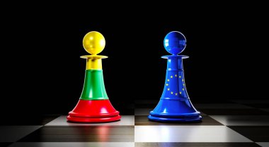 Litvanya ve Avrupa Birliği ilişkileri, bayraklı satranç piyonları - 3 boyutlu illüstrasyon