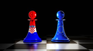 Hırvatistan ve Avrupa Birliği ilişkileri, bayraklı satranç piyonları - 3D illüstrasyon