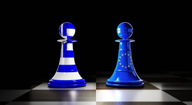 Yunanistan ve Avrupa Birliği ilişkileri, bayraklı satranç piyonları - 3D illüstrasyon