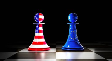USA and European Union relations, chess pawns with flags - 3D illustration