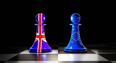 Birleşik Krallık ve Avrupa Birliği ilişkileri, bayraklı satranç piyonları - 3D illüstrasyon