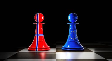 Norveç ve Avrupa Birliği ilişkileri, bayraklı satranç piyonları - 3D illüstrasyon