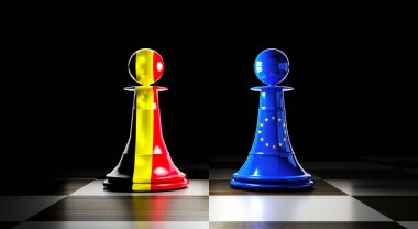 Belçika ve Avrupa Birliği ilişkileri, bayraklı satranç piyonları - 3D illüstrasyon