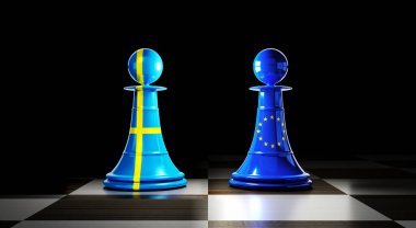 İsveç ve Avrupa Birliği ilişkileri, bayraklı satranç piyonları - 3D illüstrasyon