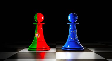 Portekiz ve Avrupa Birliği ilişkileri, bayraklı satranç piyonları - 3 boyutlu illüstrasyon