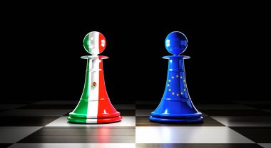 Meksika ve Avrupa Birliği ilişkileri, bayraklı satranç piyonları - 3D illüstrasyon