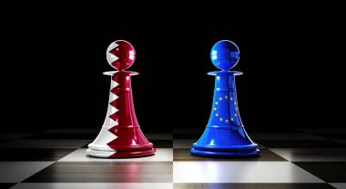 Katar ve Avrupa Birliği ilişkileri, bayraklı satranç piyonları - 3D illüstrasyon