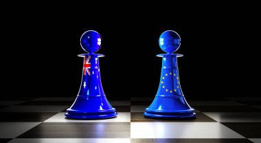 Avustralya ve Avrupa Birliği ilişkileri, bayraklı satranç piyonları - 3D illüstrasyon