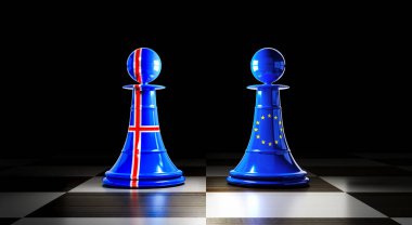 İzlanda ve Avrupa Birliği ilişkileri, bayraklı satranç piyonları - 3D illüstrasyon