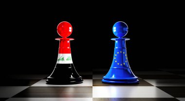 Irak ve Avrupa Birliği ilişkileri, bayraklı satranç piyonları - 3D illüstrasyon