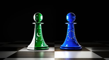Pakistan and European Union relations, chess pawns with flags - 3D illustration