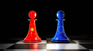 Vietnam ve Avrupa Birliği ilişkileri, bayraklı satranç piyonları - 3 boyutlu illüstrasyon