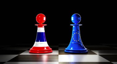 Tayland ve Avrupa Birliği ilişkileri, bayraklı satranç piyonları - 3D illüstrasyon