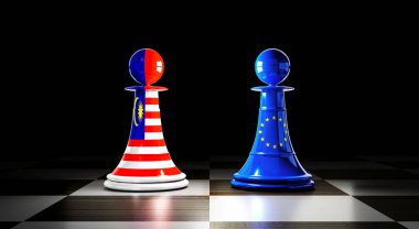 Malezya ve Avrupa Birliği ilişkileri, bayraklı satranç piyonları - 3D illüstrasyon