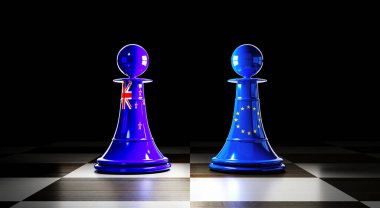 Yeni Zelanda ve Avrupa Birliği ilişkileri, bayraklı satranç piyonları - 3 boyutlu illüstrasyon