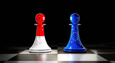 Endonezya ve Avrupa Birliği ilişkileri, bayraklı satranç piyonları - 3D illüstrasyon