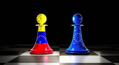 Venezuela ve Avrupa Birliği ilişkileri, bayraklı satranç piyonları - 3 boyutlu illüstrasyon