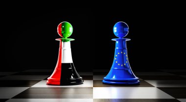 Birleşik Arap Emirlikleri ve Avrupa Birliği ilişkileri, bayraklı satranç piyonları - 3 boyutlu illüstrasyon