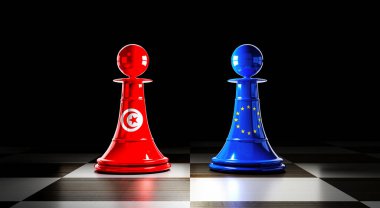 Tunus ve Avrupa Birliği ilişkileri, bayraklı satranç piyonları - 3D illüstrasyon