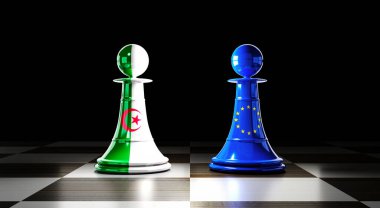 Cezayir ve Avrupa Birliği ilişkileri, bayraklı satranç piyonları - 3D illüstrasyon