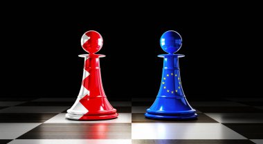 Bahreyn ve Avrupa Birliği ilişkileri, bayraklı satranç piyonları - 3 boyutlu illüstrasyon