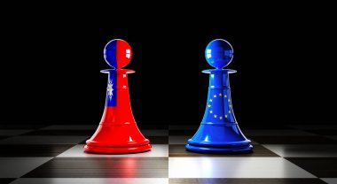 Tayvan ve Avrupa Birliği ilişkileri, bayraklı satranç piyonları - 3D illüstrasyon