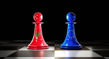 Fas ve Avrupa Birliği ilişkileri, bayraklı satranç piyonları - 3D illüstrasyon