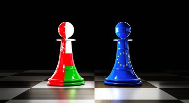 Umman ve Avrupa Birliği ilişkileri, bayraklı satranç piyonları - 3 boyutlu illüstrasyon