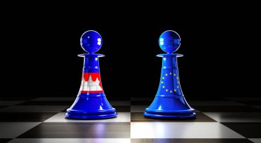 Kamboçya ve Avrupa Birliği ilişkileri, bayraklı satranç piyonları - 3 boyutlu illüstrasyon