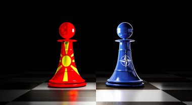 Kuzey Makedonya ve NATO ilişkileri, bayraklı satranç piyonları - 3D illüstrasyon