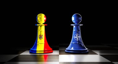 Moldova ve NATO ilişkileri, bayraklı satranç piyonları - 3D illüstrasyon