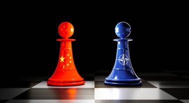 Çin ve NATO ilişkileri, bayraklı satranç piyonları - 3 boyutlu illüstrasyon