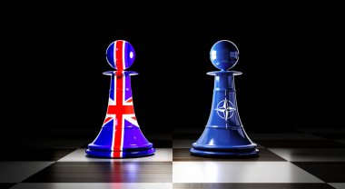 Birleşik Krallık ve NATO ilişkileri, bayraklı satranç piyonları - 3 boyutlu illüstrasyon