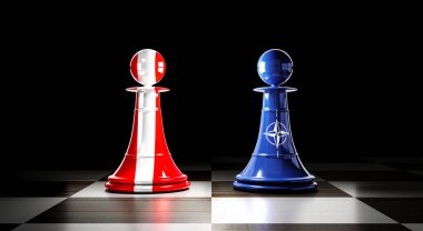 Avusturya ve NATO ilişkileri, bayraklı satranç piyonları - 3 boyutlu illüstrasyon