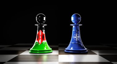 Kenya ve NATO ilişkileri, bayraklı satranç piyonları - 3 boyutlu illüstrasyon