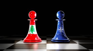 Lübnan ve NATO ilişkileri, bayraklı satranç piyonları - 3 boyutlu illüstrasyon