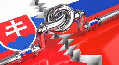 Yakıt / doğalgaz boru hattı düğümlü, Slovakya ve Rusya bayrakları - 3D illüstrasyon