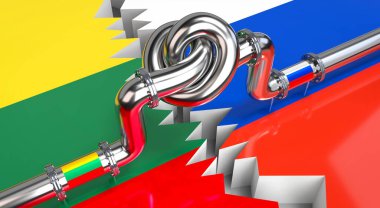 Yakıt / doğalgaz boru hattı bir düğüm, Litvanya ve Rusya bayrakları - 3D illüstrasyon