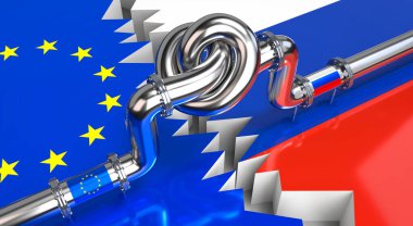Fuel/ gas pipeline with a knot, flags of European Union and Russia - 3D illustration
