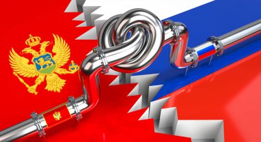 Yakıt / doğalgaz boru hattı, Karadağ ve Rusya 'nın bayrakları - 3D illüstrasyon
