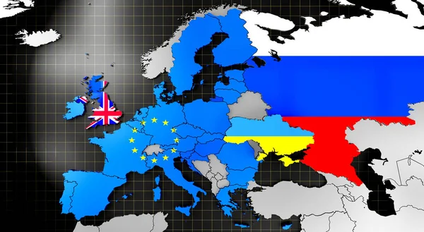 Map and flags of Ukraine, EU, UK and Russia - 3D illustration