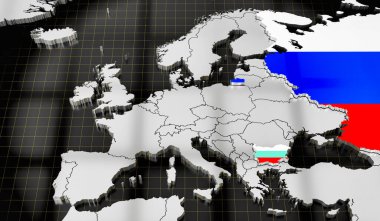 Avrupa haritası, Bulgaristan ve Rusya bayrakları - 3D illüstrasyon