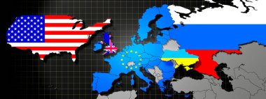 Ukraine, EU, USA, UK and and Russia map and flags - 3D illustration