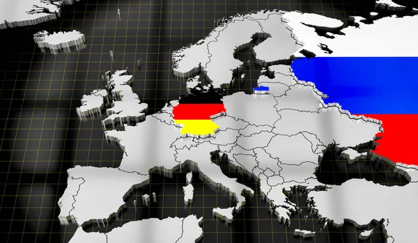 欧洲地图 德国和俄罗斯国旗 3D插图 — 图库照片