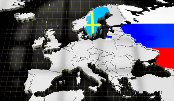 欧洲地图 瑞典和俄罗斯国旗 3D插图 — 图库照片