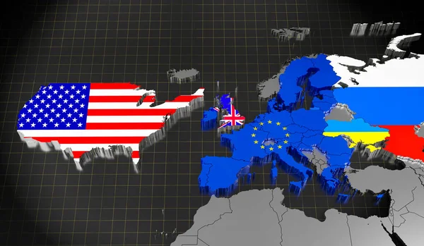 Ukraine, EU, UK, USA and and Russia map and flags - 3D illustration