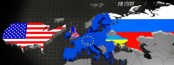 Ukraine, EU, UK, USA and and Russia map and flags - 3D illustration