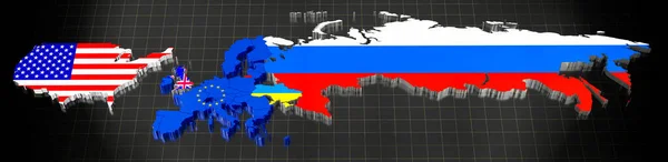 Ukraine, EU, UK, USA and and Russia map and flags - 3D illustration