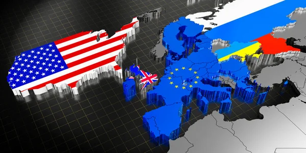 Ukraine, EU, USA, UK and and Russia map and flags - 3D illustration
