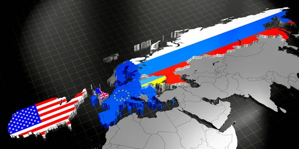 乌克兰 英国和俄罗斯的地图和国旗 3D插图 — 图库照片